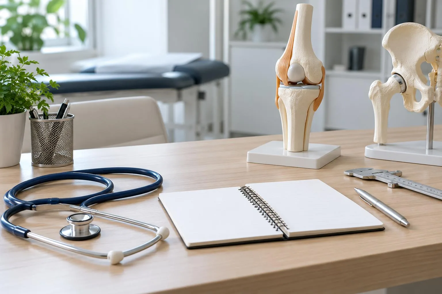 Stethoskop, Notizbuch und anatomische Gelenkmodelle auf einem Schreibtisch.
